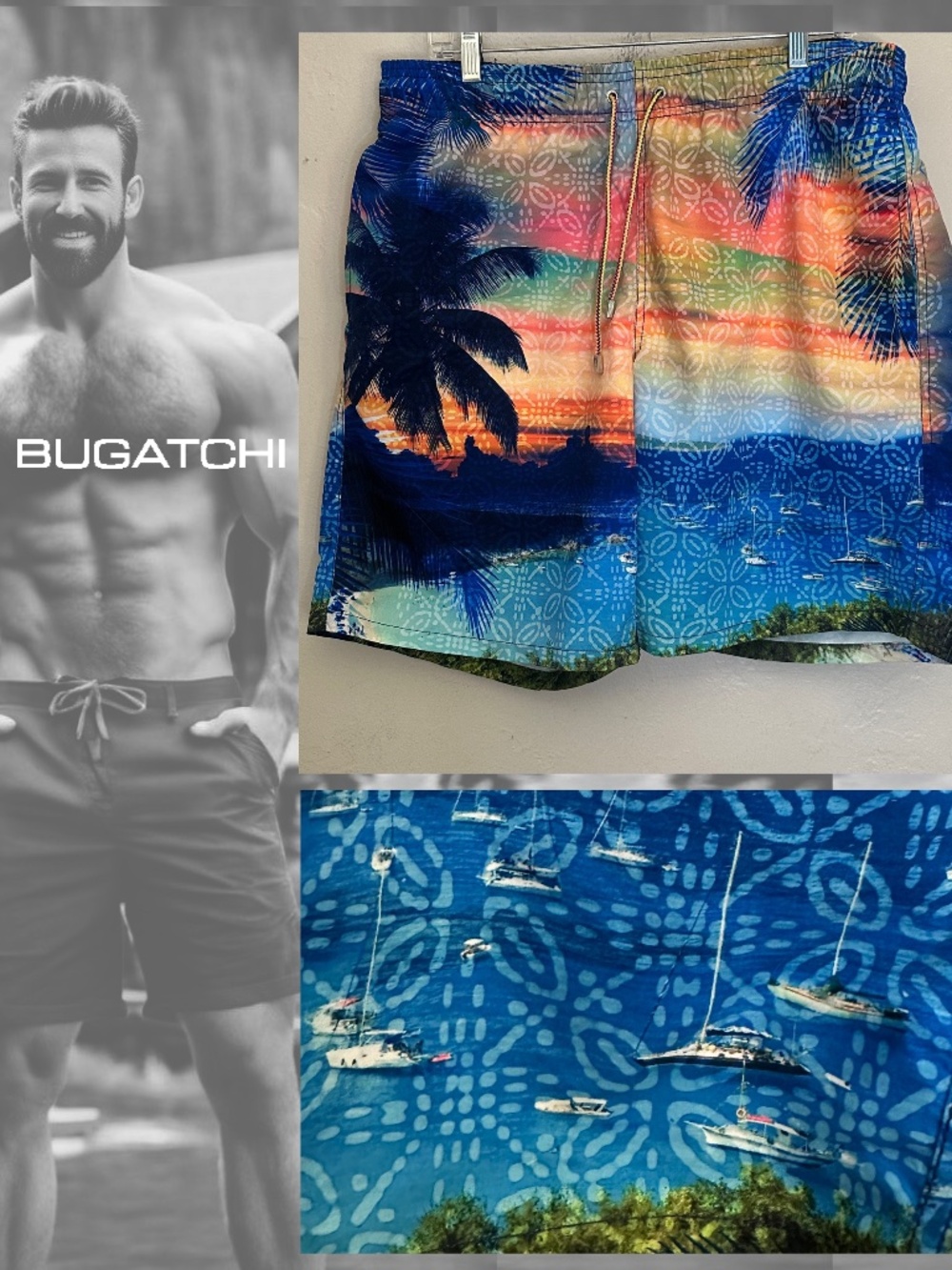 Bugatchi Swim Trunks XL Gently worn 100% polyester Fully lined Elastic waist